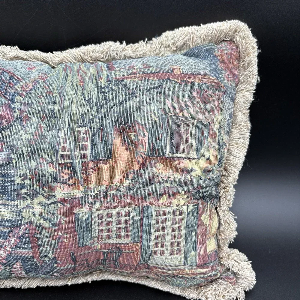 Vtg Bess Designs Tapestry Lumbar Pillow Fringe Bridge Countryside Moonlight